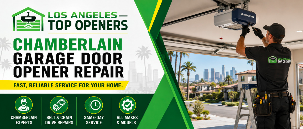Los Angeles Top Openers technician servicing a Chamberlain garage door opener in a Los Angeles home
