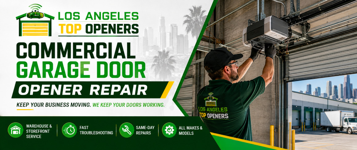 Los Angeles Top Openers technician servicing a commercial garage door operator at a warehouse loading dock