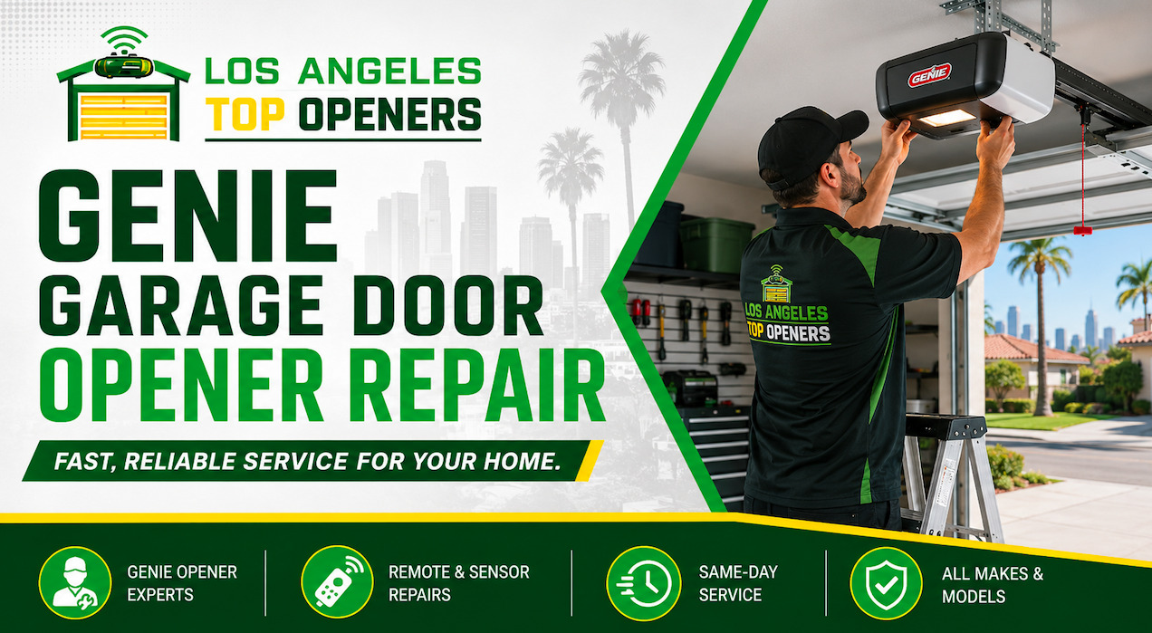 Los Angeles Top Openers technician servicing a Genie garage door opener in a Los Angeles home