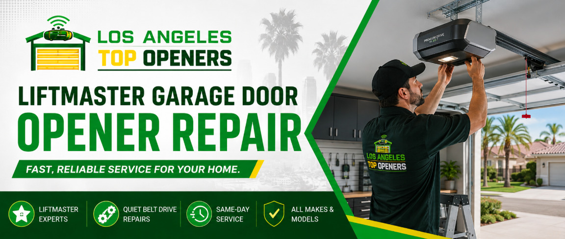 Los Angeles Top Openers technician servicing a LiftMaster garage door opener in a Los Angeles home