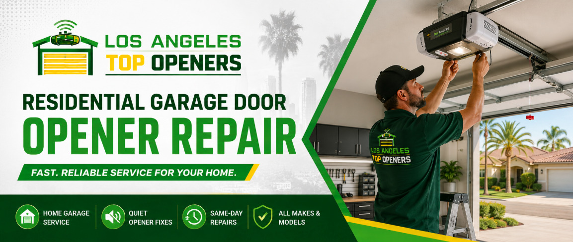 Los Angeles Top Openers technician repairing a ceiling-mounted garage door opener in a residential garage