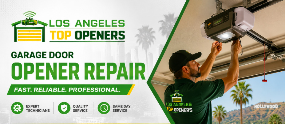 Los Angeles Top Openers technician repairing a garage door opener, with the Hollywood sign and downtown skyline behind